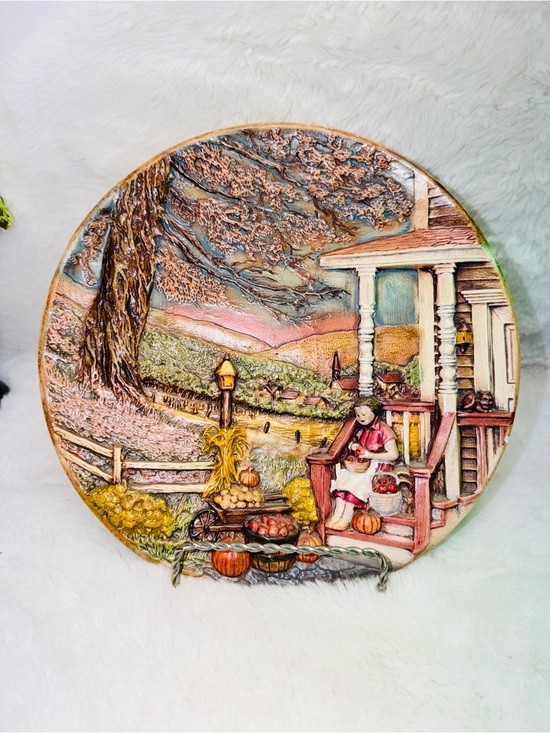 Other - Hand Painted Ceramic 2D Autumn Harvest Scene Plate w/ Woman on Porch 🍎